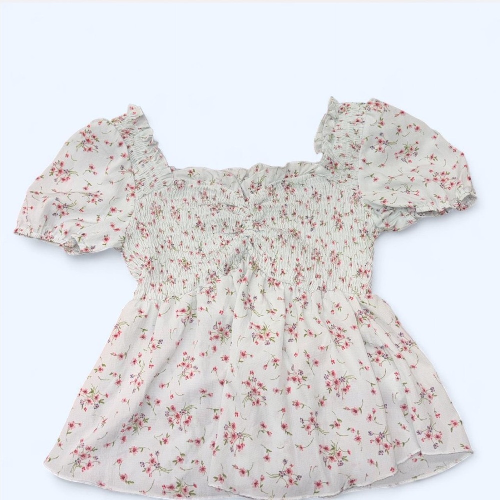 Floral Top - light blue with Pink Floral (Size: M)